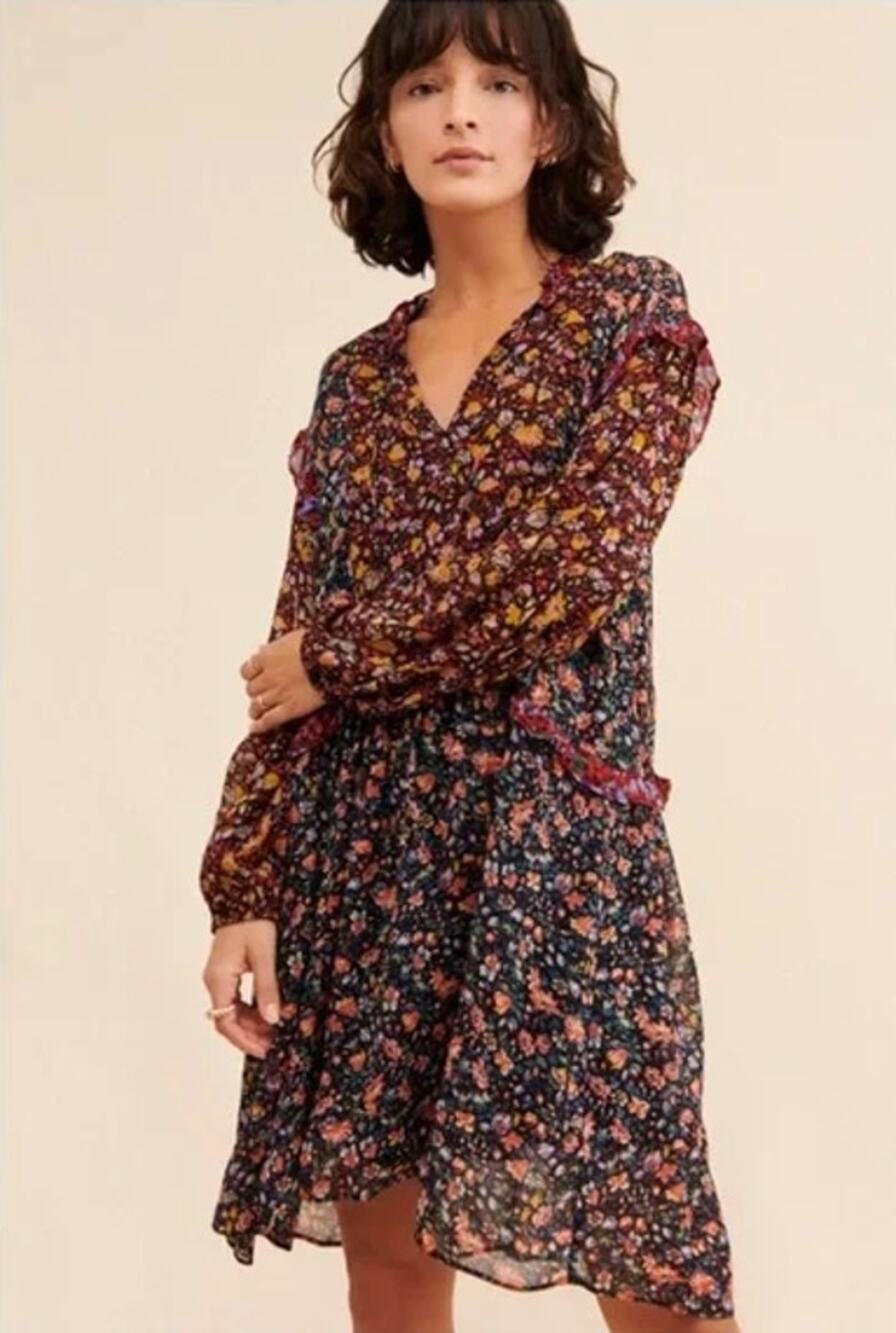 Anthropologie Helene Tunic Dress Floral Ruffle Trim Balloon Sleeve Mini Boho